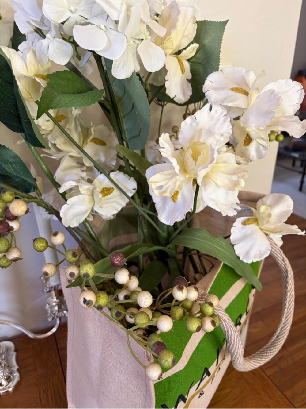 Cream and White Faux Floral Arrangement in Fabric Tote